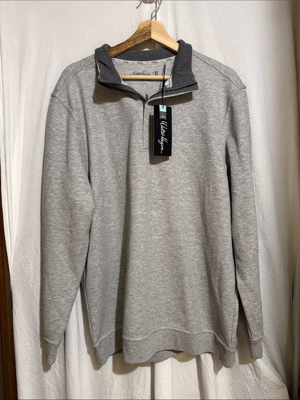 Mens Walter Hagen pique fleece mid 1/4 zip light grey heathers long sleeve shirt